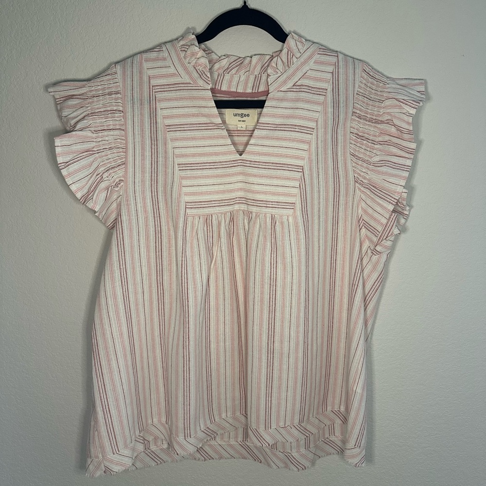 Umgee Cream and Pink Striped Ruffle Sleeve V-Neck Blouse